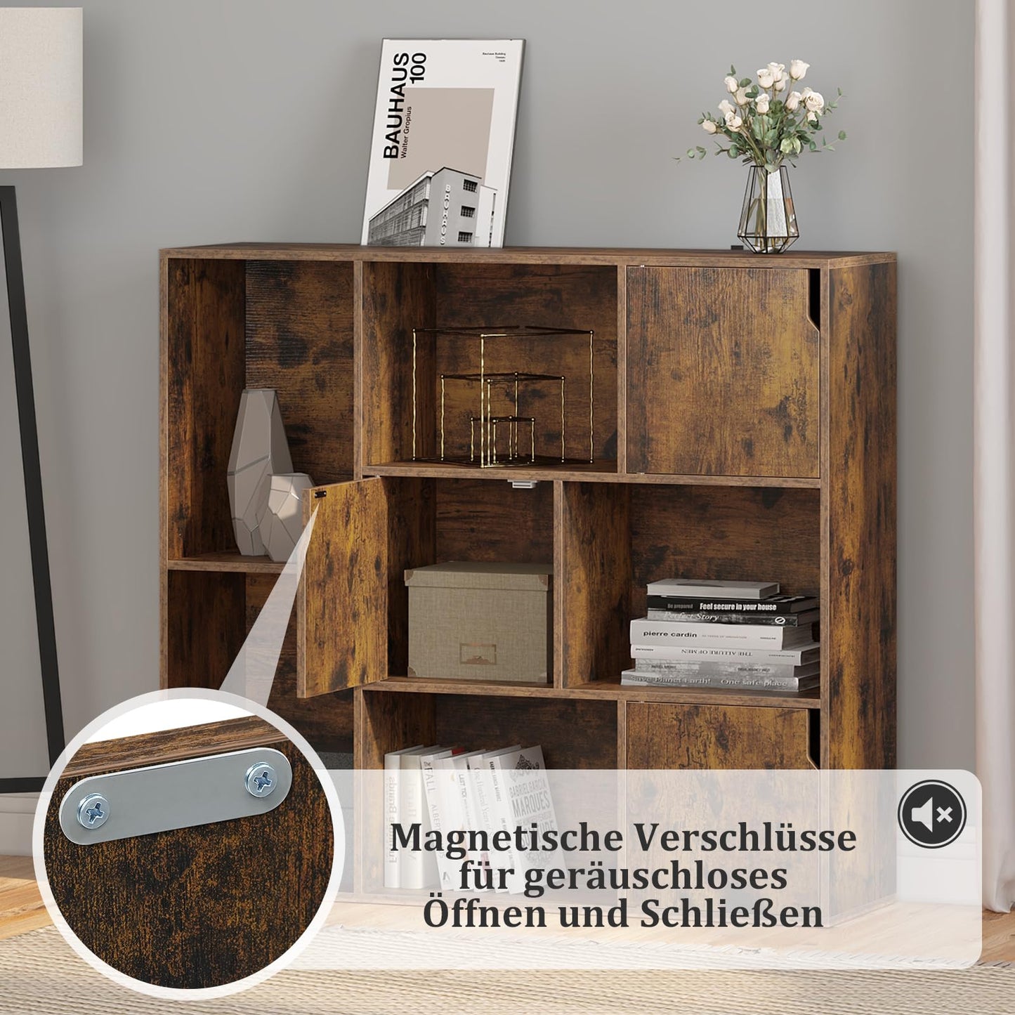 WOLTU SK056vbn Bücherregal – 8 Fächer – 3 Türen – 106 x 96 x 30 cm – rustikales Braun
