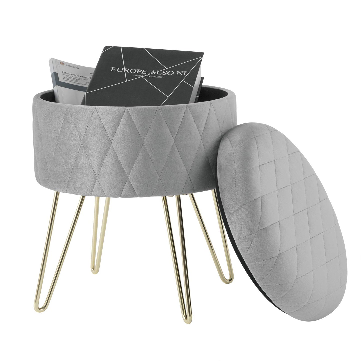 WOLTU Aufbewahrungshocker – Samthocker mit Stauraum – goldene Metallbeine – 31,5 x 31,5 x 36 cm – hellgrau