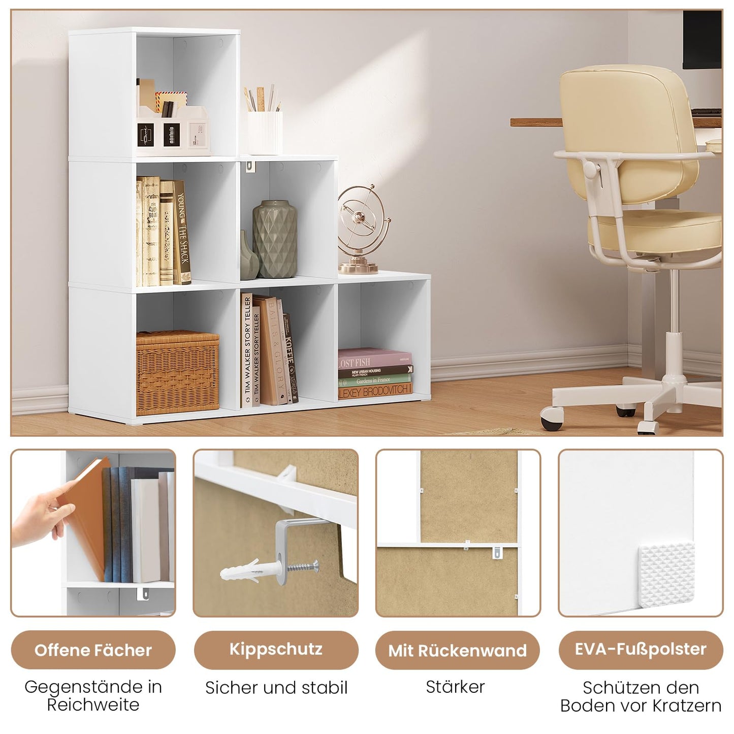 WOLTU SK061ws Regalschrank – 6 Fächer – weiß – 90,5 x 90,5 x 30 cm