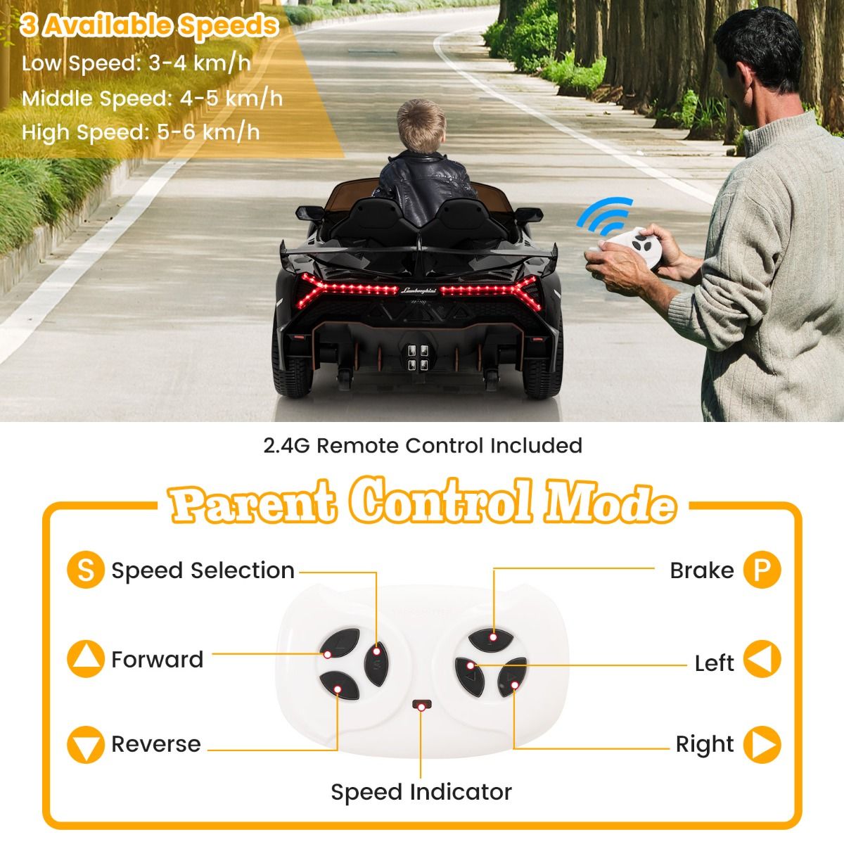 Coast Lamborghini lizenziertes Elektroauto - 12V Batterie - Fernsteuerung - 3 Geschwindigkeiten - hydraulische Türen - Schwarz