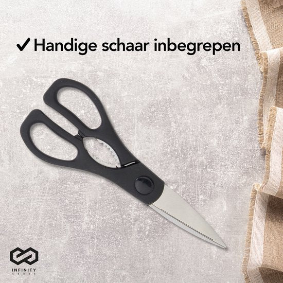 Infinity Goods - Messerset mit Messerblock - 16 Teile - mit Block, Messerschärfer und Schere - kratzfest - Edelstahl - Silber/Schwarz