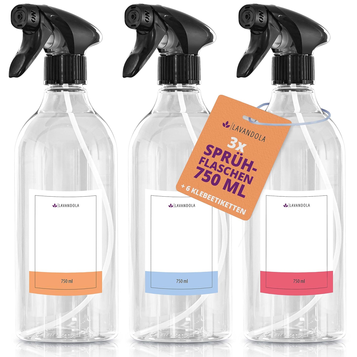 Lavandola LV-S-SF-750 – Sprühflaschen-Set, 3 Stück – 750 ml, transparent, PE – feiner Sprühnebel und auslaufsicher
