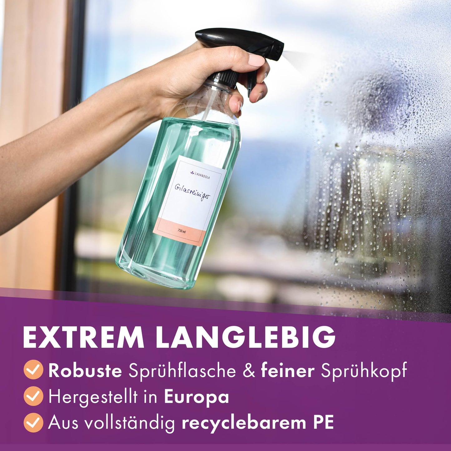 Lavandola LV-S-SF-750 – Sprühflaschen-Set, 3 Stück – 750 ml, transparent, PE – feiner Sprühnebel und auslaufsicher