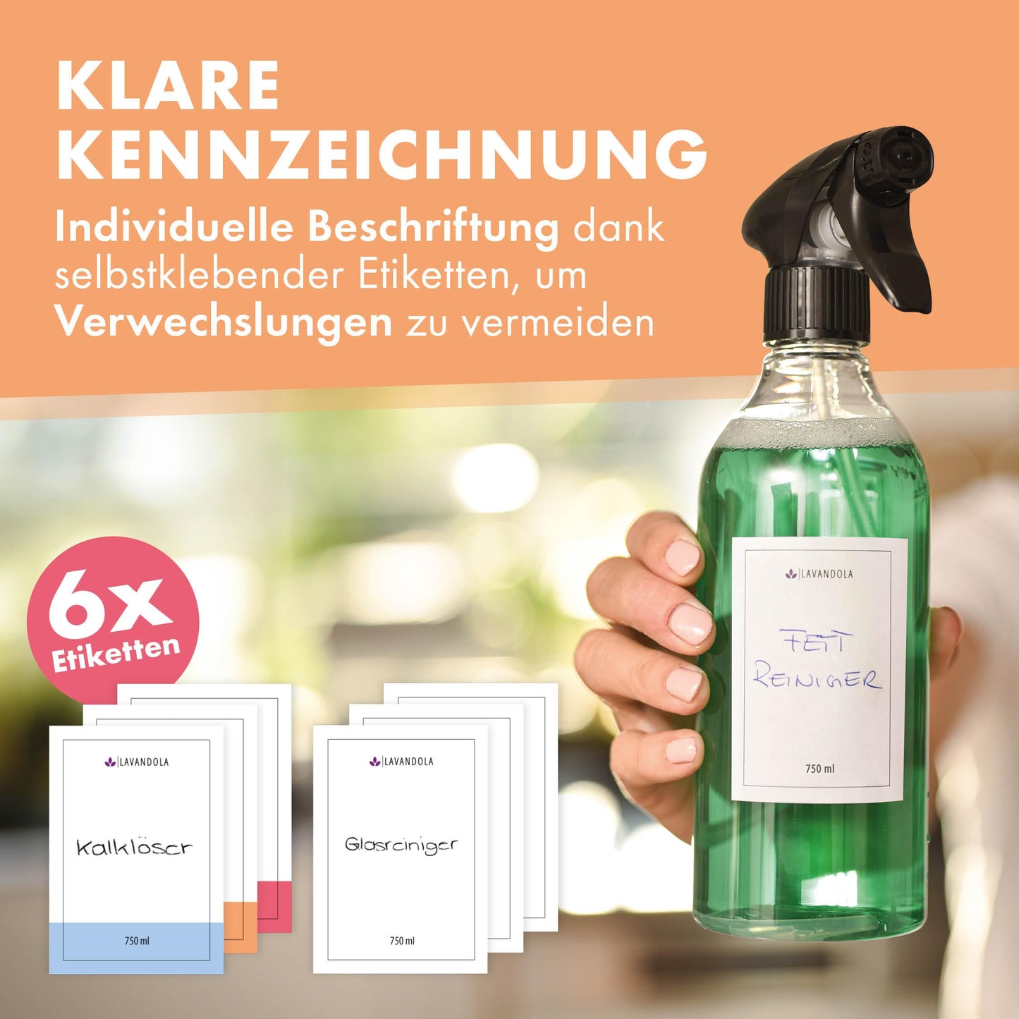 Lavandola LV-S-SF-750 – Sprühflaschen-Set, 3 Stück – 750 ml, transparent, PE – feiner Sprühnebel und auslaufsicher