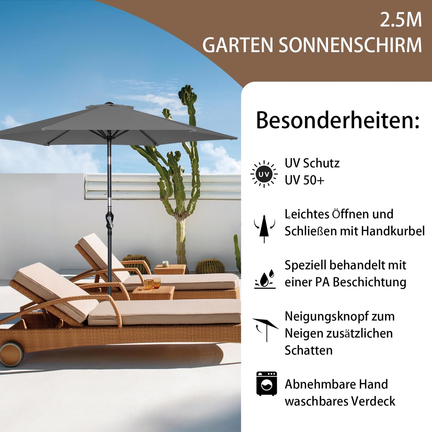 Angel Living Sonnenschirm 250 cm – runder Gartenschirm mit Kurbel und Neigungsfunktion – grau – Polyester UV 50+