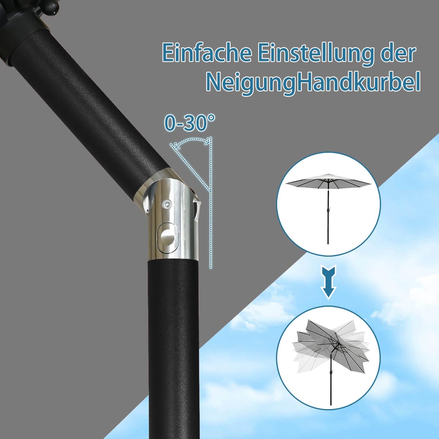 Angel Living Sonnenschirm 250 cm – runder Gartenschirm mit Kurbel und Neigungsfunktion – grau – Polyester UV 50+