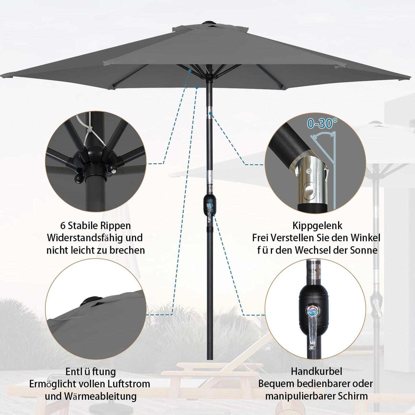 Angel Living Sonnenschirm 250 cm – runder Gartenschirm mit Kurbel und Neigungsfunktion – grau – Polyester UV 50+