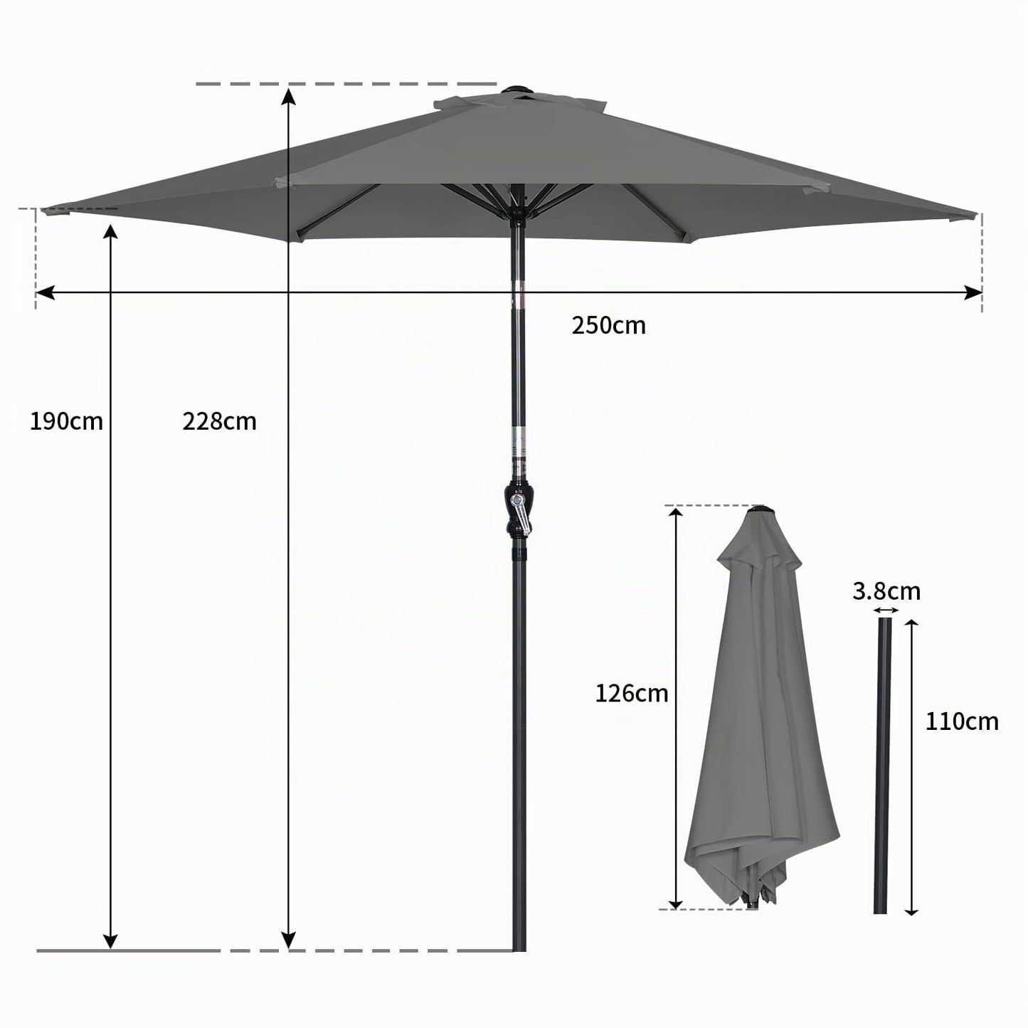 Angel Living Sonnenschirm 250 cm – runder Gartenschirm mit Kurbel und Neigungsfunktion – grau – Polyester UV 50+