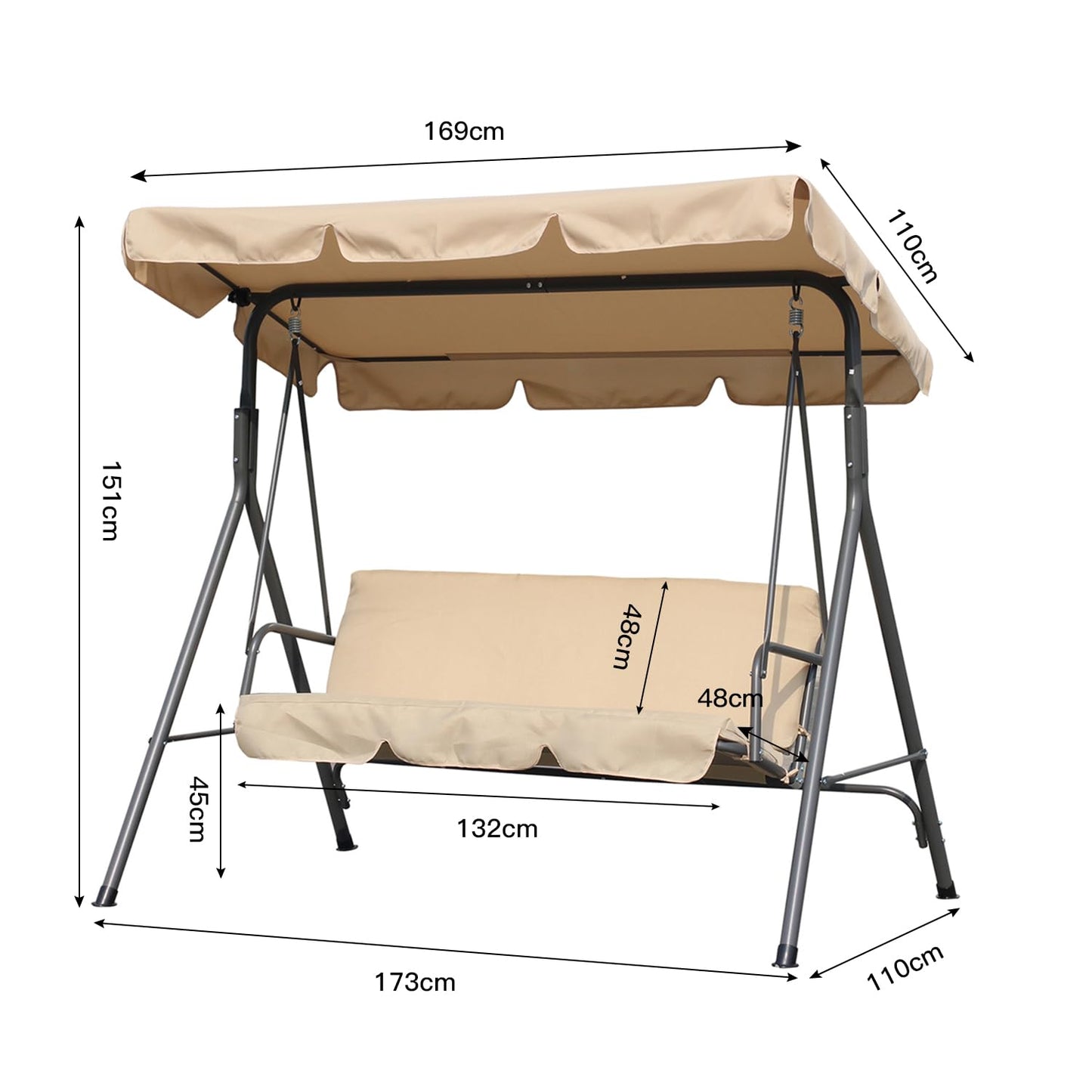 Angel Living Hollywood Gartenschaukel, 3-Sitzer, mit Sonnenschirm – beige – ca. 170 x 110 x 152 cm