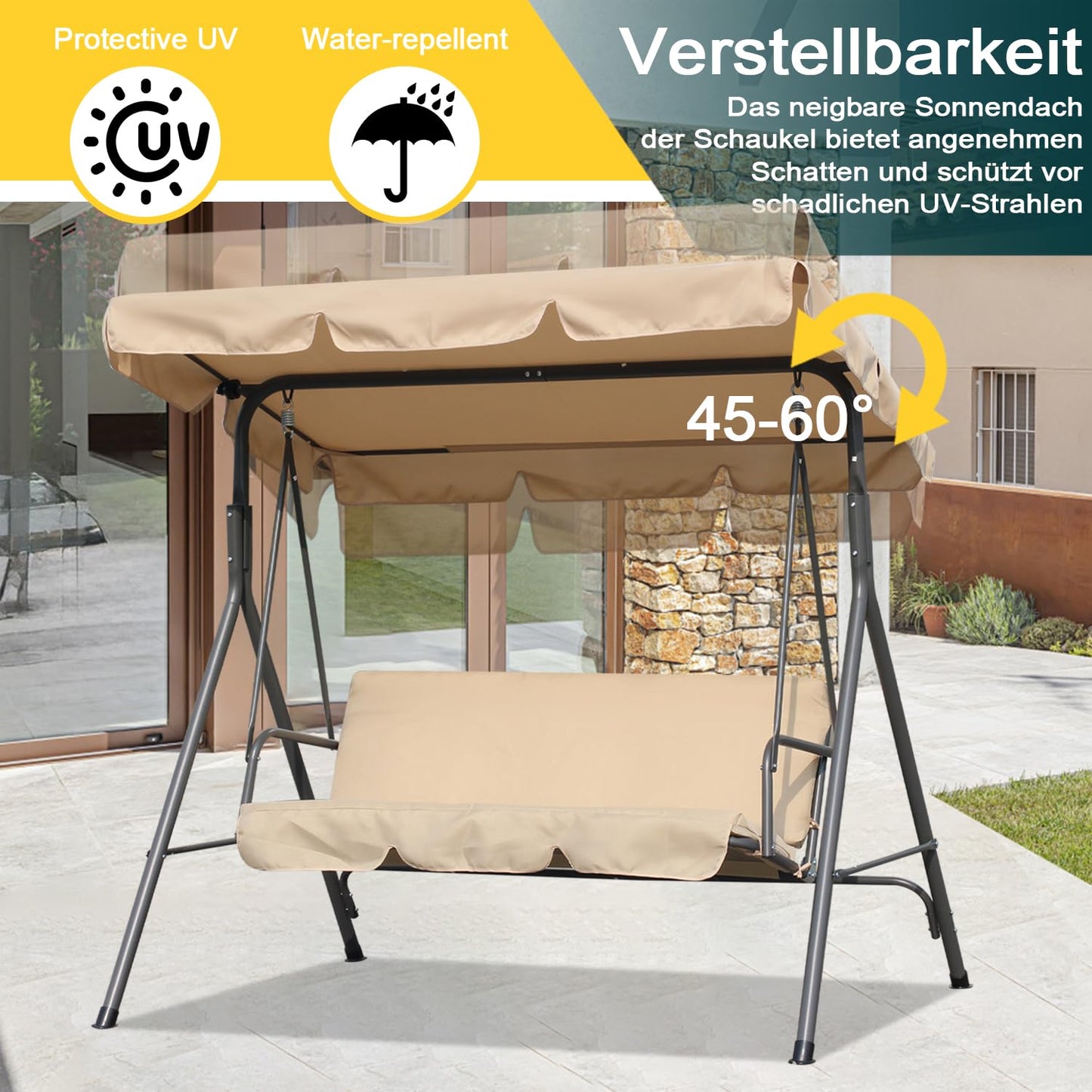 Angel Living Hollywood Gartenschaukel, 3-Sitzer, mit Sonnenschirm – beige – ca. 170 x 110 x 152 cm