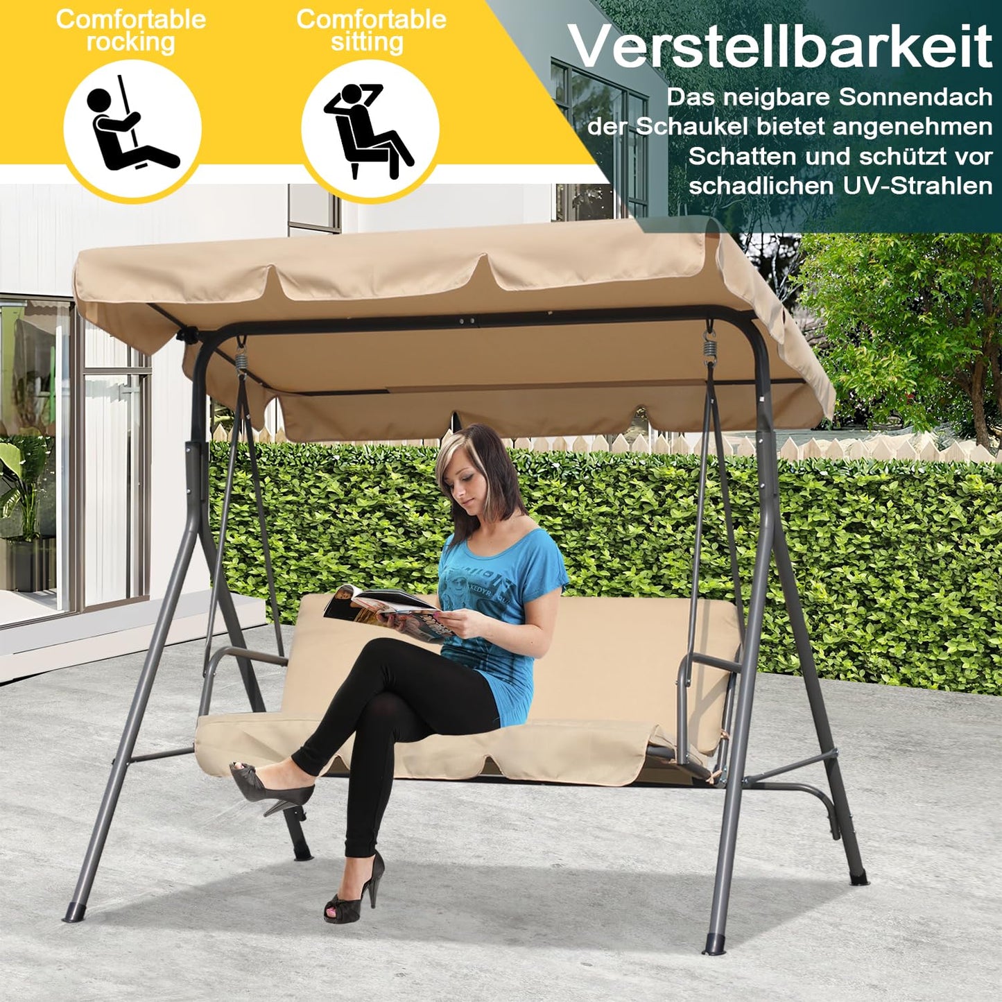 Angel Living Hollywood Gartenschaukel, 3-Sitzer, mit Sonnenschirm – beige – ca. 170 x 110 x 152 cm