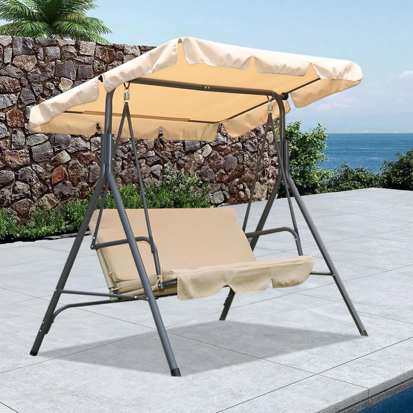 Angel Living Hollywood Gartenschaukel, 3-Sitzer, mit Sonnenschirm – beige – ca. 170 x 110 x 152 cm