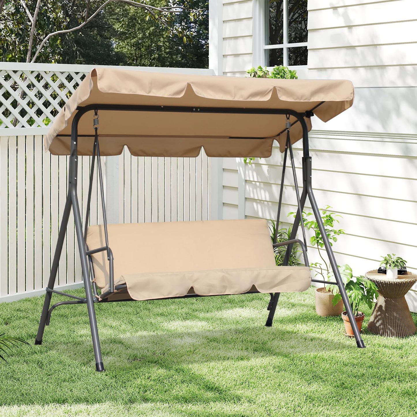 Angel Living Hollywood Gartenschaukel, 3-Sitzer, mit Sonnenschirm – beige – ca. 170 x 110 x 152 cm