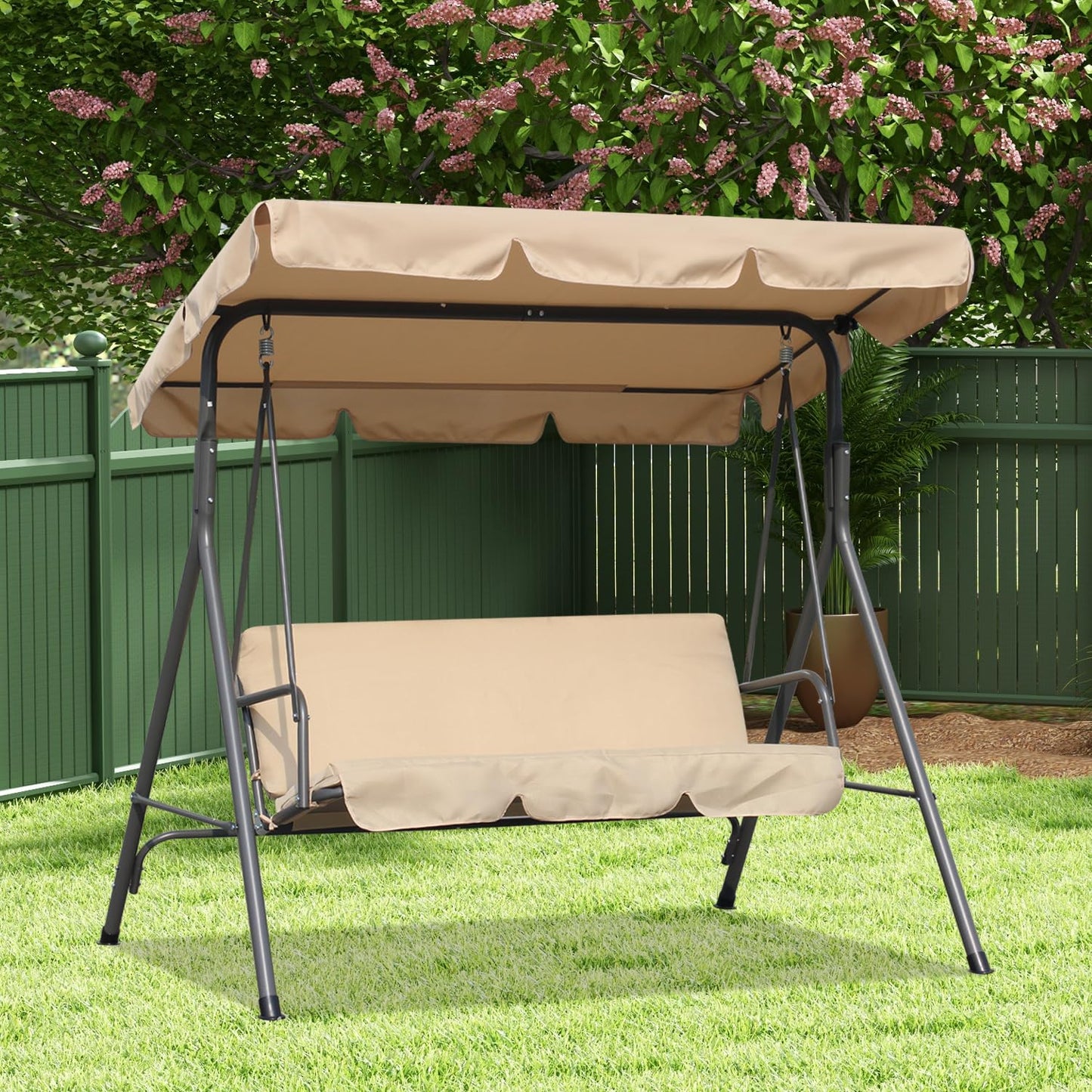 Angel Living Hollywood Gartenschaukel, 3-Sitzer, mit Sonnenschirm – beige – ca. 170 x 110 x 152 cm