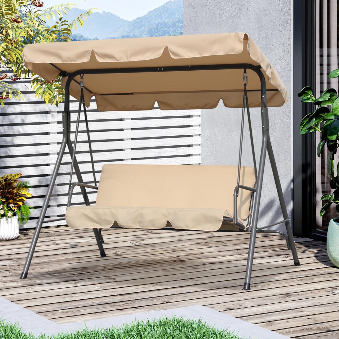 Angel Living Hollywood Gartenschaukel, 3-Sitzer, mit Sonnenschirm – beige – ca. 170 x 110 x 152 cm