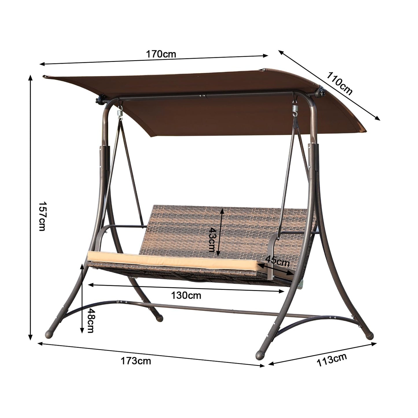 Angel Living – Hollywood-Schaukel – Rattan-Gartenschaukel mit 3 Sitzplätzen – verstellbares Sonnendach – braun – 170 x 110 x 152 cm