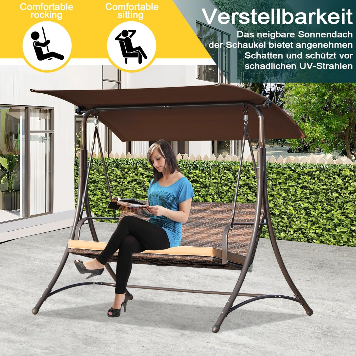 Angel Living – Hollywood-Schaukel – Rattan-Gartenschaukel mit 3 Sitzplätzen – verstellbares Sonnendach – braun – 170 x 110 x 152 cm
