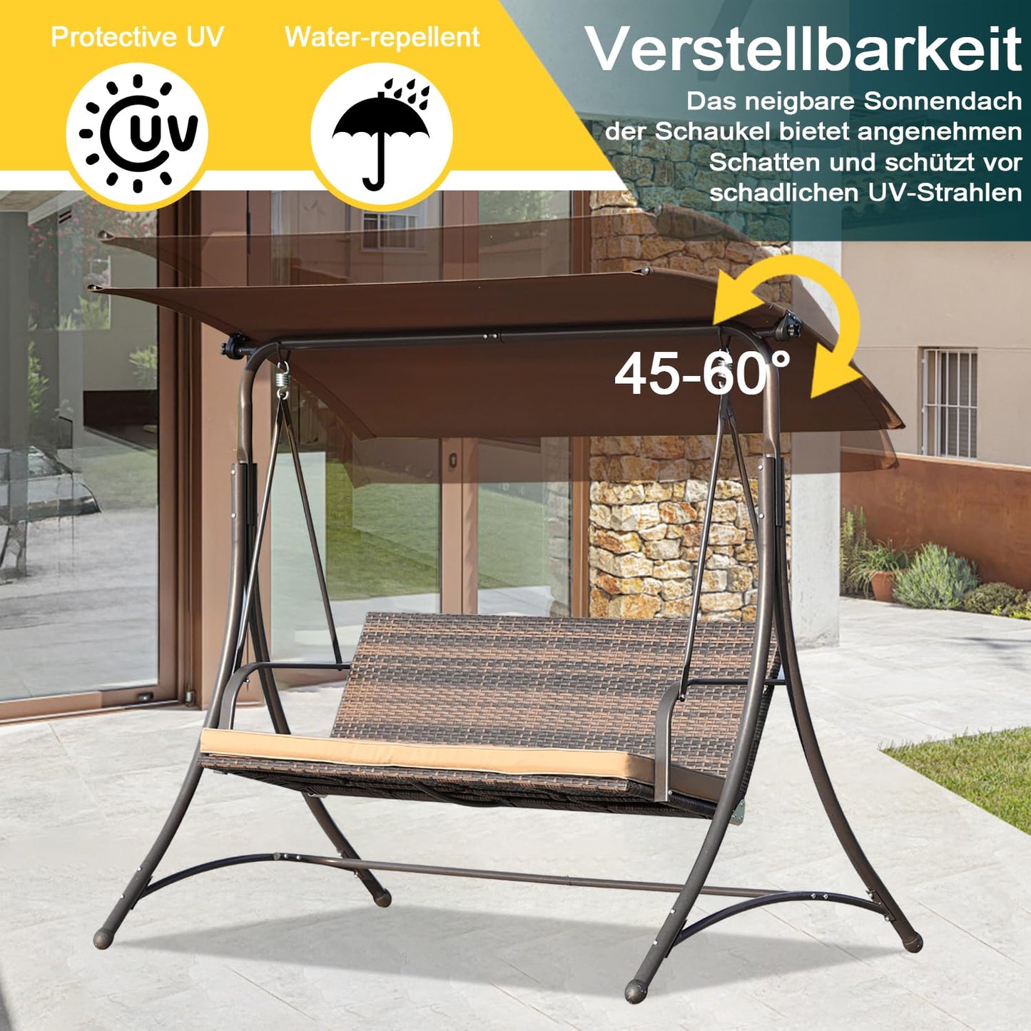 Angel Living – Hollywood-Schaukel – Rattan-Gartenschaukel mit 3 Sitzplätzen – verstellbares Sonnendach – braun – 170 x 110 x 152 cm