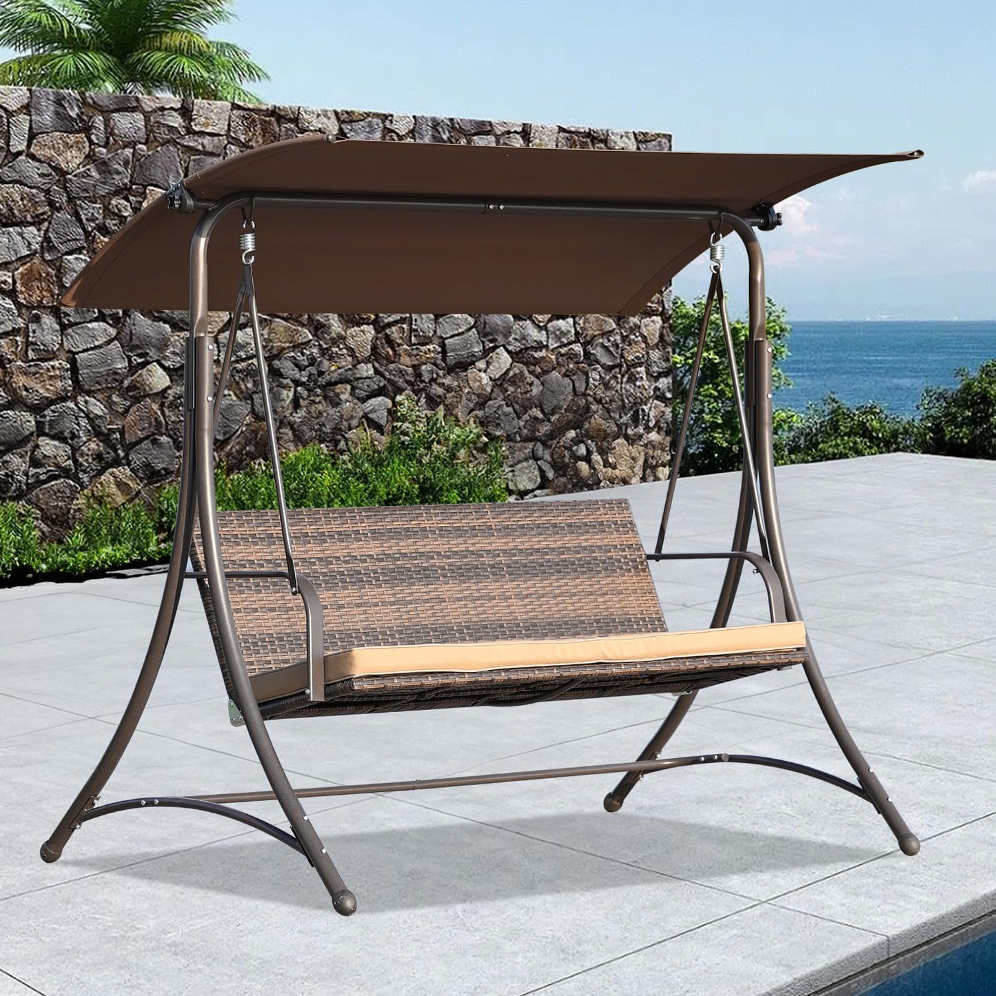 Angel Living – Hollywood-Schaukel – Rattan-Gartenschaukel mit 3 Sitzplätzen – verstellbares Sonnendach – braun – 170 x 110 x 152 cm