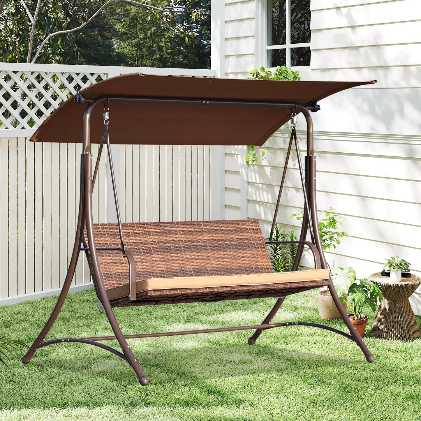 Angel Living – Hollywood-Schaukel – Rattan-Gartenschaukel mit 3 Sitzplätzen – verstellbares Sonnendach – braun – 170 x 110 x 152 cm