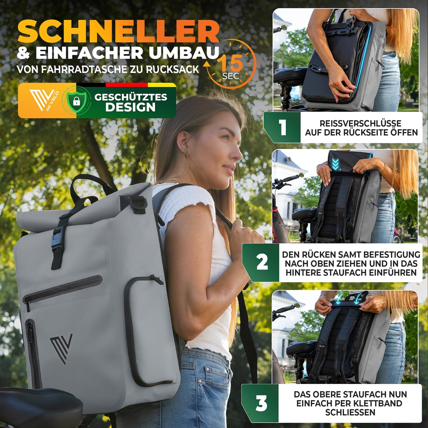 MIVELO EVO 25L 3-in-1-Fahrradtasche für den Gepäckträger – Rucksack und Umhängetasche – 100 % wasserdicht und vollständig reflektierend