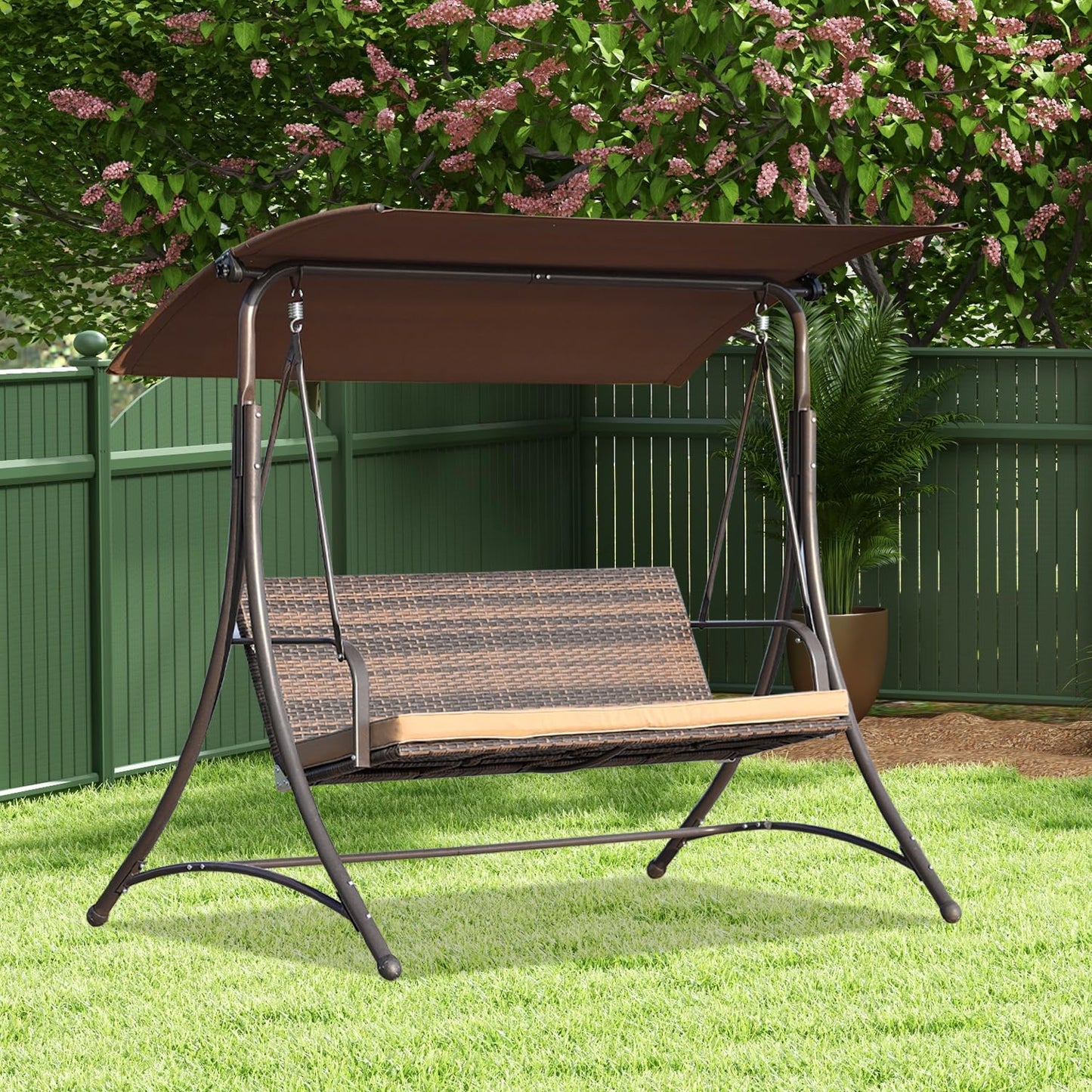 Angel Living – Hollywood-Schaukel – Rattan-Gartenschaukel mit 3 Sitzplätzen – verstellbares Sonnendach – braun – 170 x 110 x 152 cm