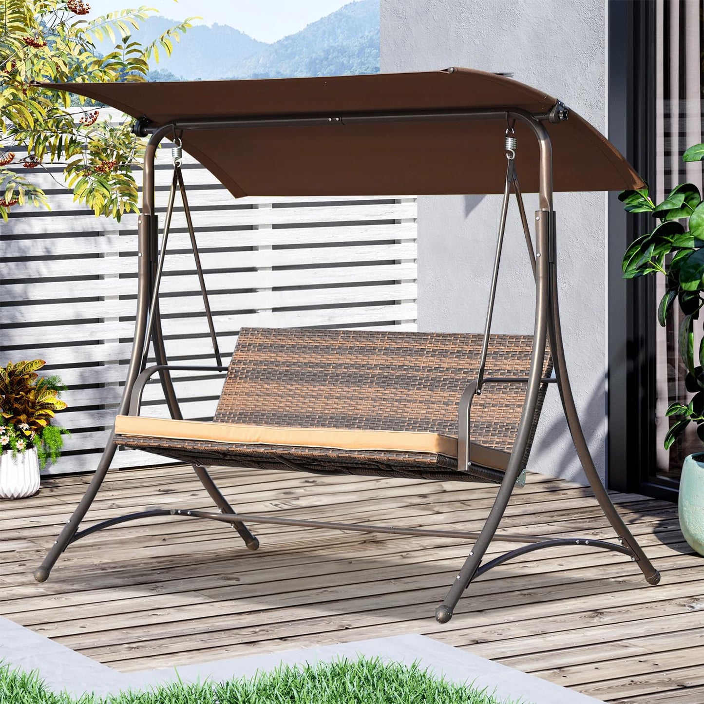 Angel Living – Hollywood-Schaukel – Rattan-Gartenschaukel mit 3 Sitzplätzen – verstellbares Sonnendach – braun – 170 x 110 x 152 cm