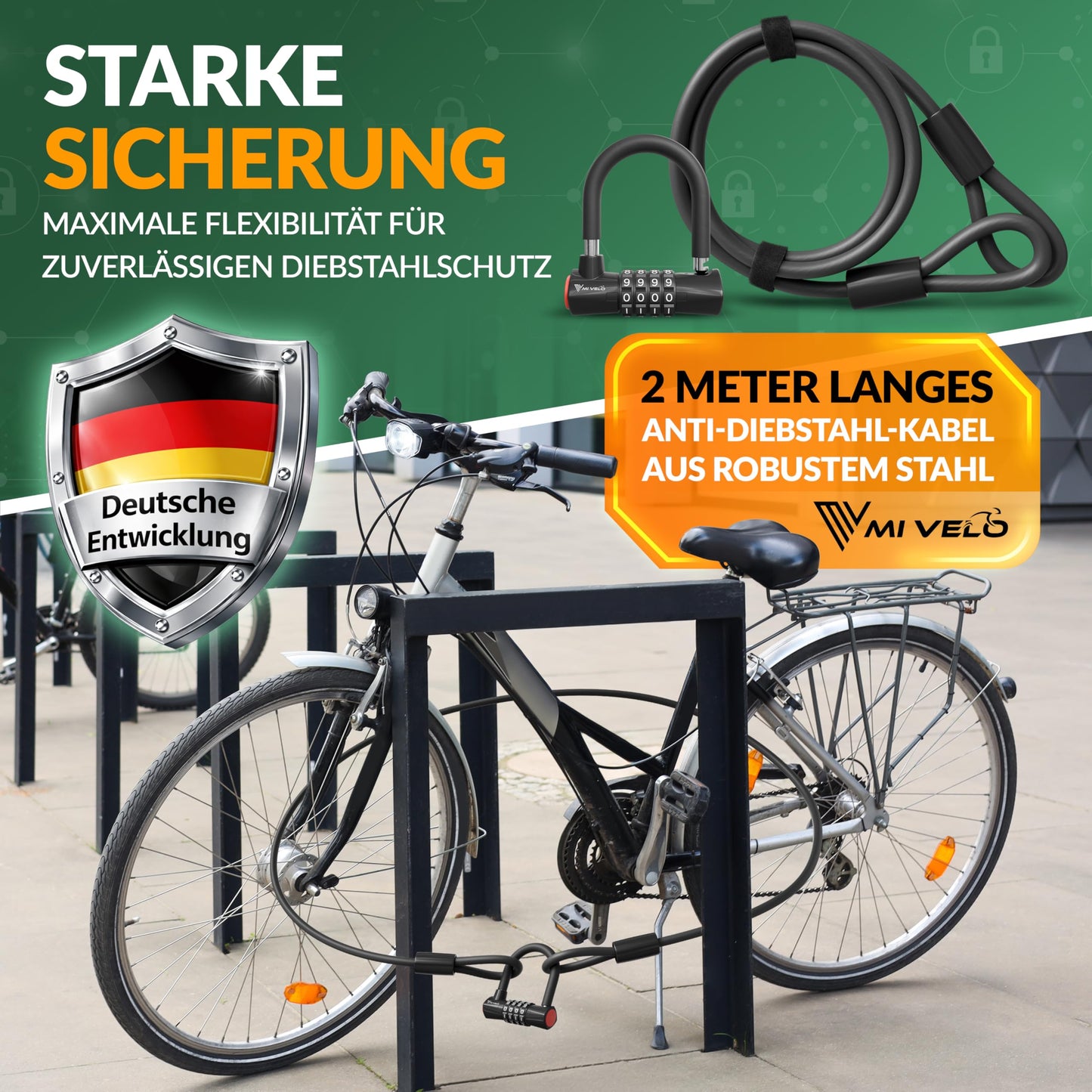 MIVELO Kabelschloss – Fahrradschloss mit Zahlencode – 200 cm langes Stahlkabel – 4-stellige Zahlenkombination