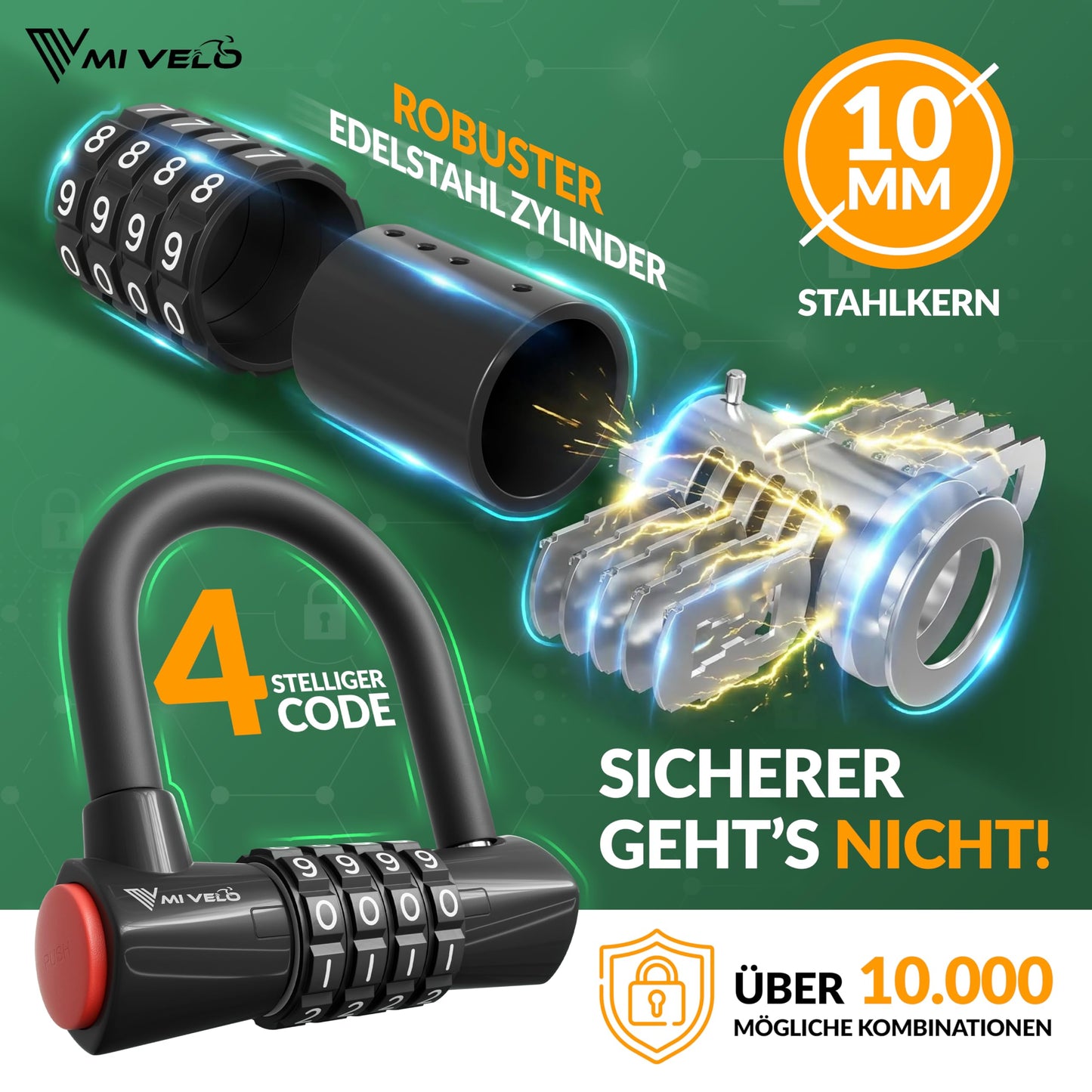 MIVELO Kabelschloss – Fahrradschloss mit Zahlencode – 200 cm langes Stahlkabel – 4-stellige Zahlenkombination