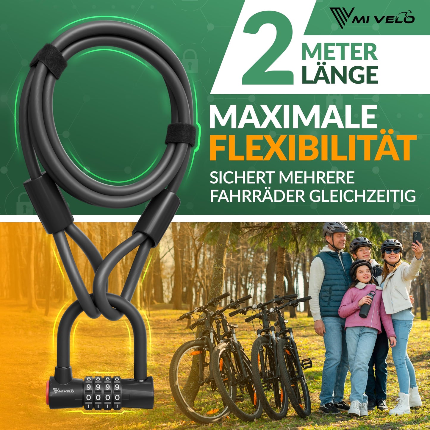 MIVELO Kabelschloss – Fahrradschloss mit Zahlencode – 200 cm langes Stahlkabel – 4-stellige Zahlenkombination