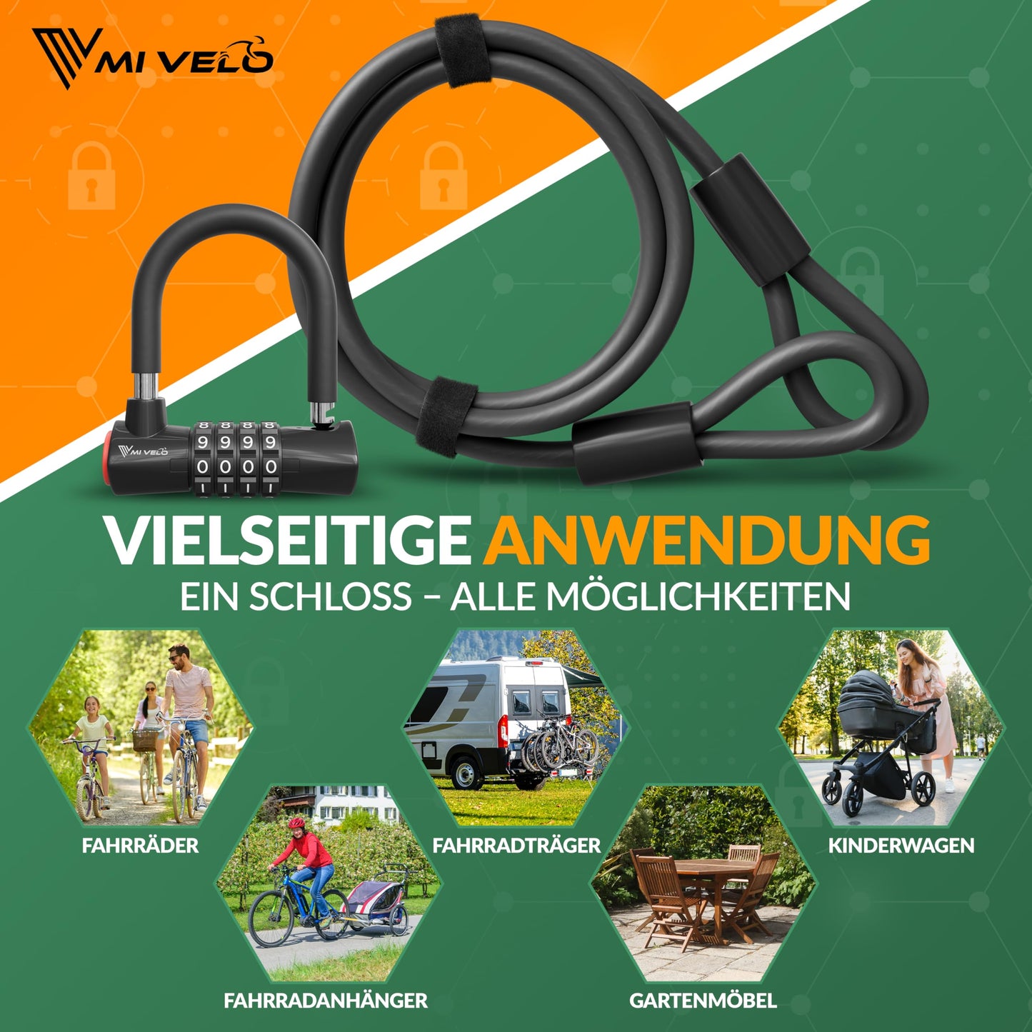 MIVELO Kabelschloss – Fahrradschloss mit Zahlencode – 200 cm langes Stahlkabel – 4-stellige Zahlenkombination