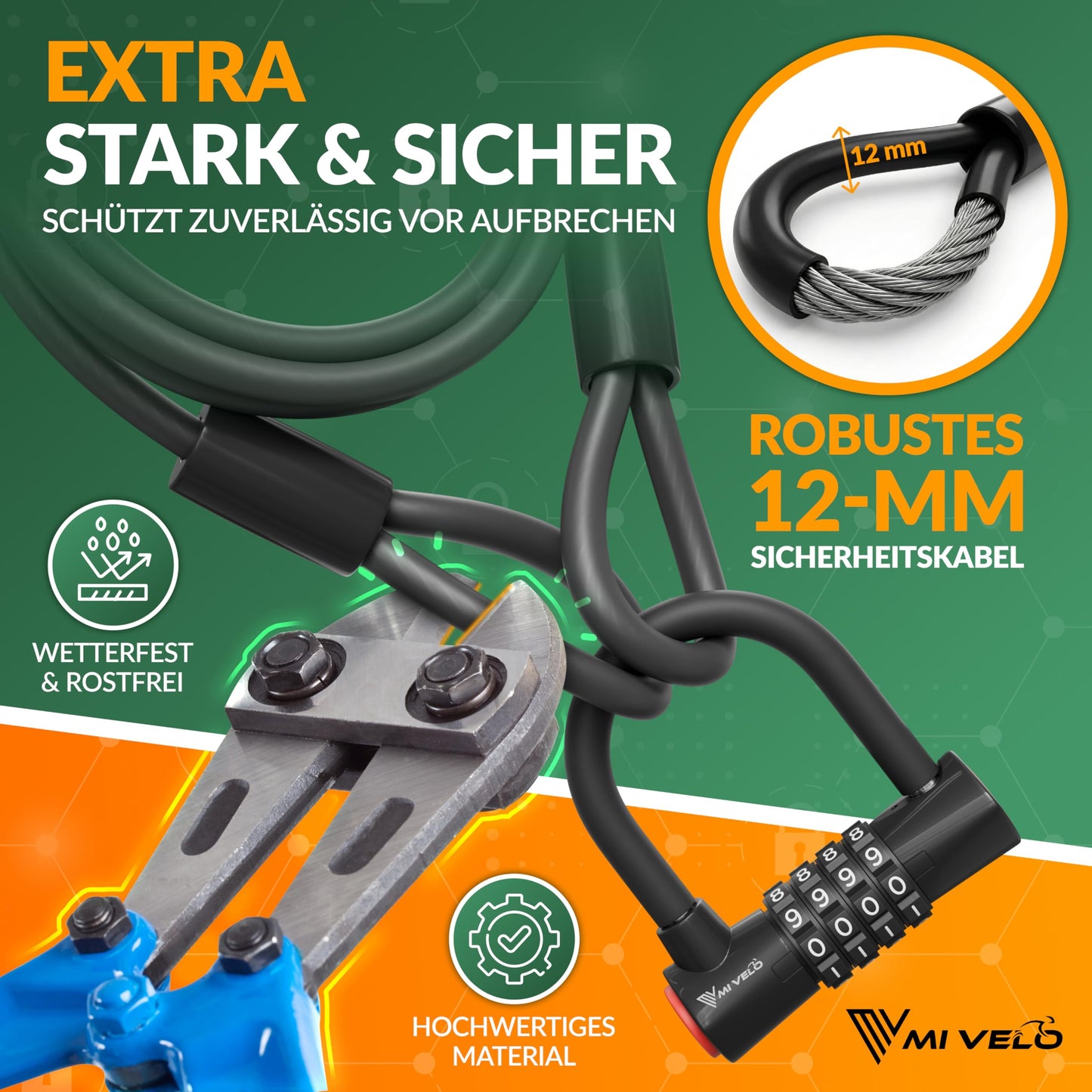 MIVELO Kabelschloss – Fahrradschloss mit Zahlencode – 200 cm langes Stahlkabel – 4-stellige Zahlenkombination