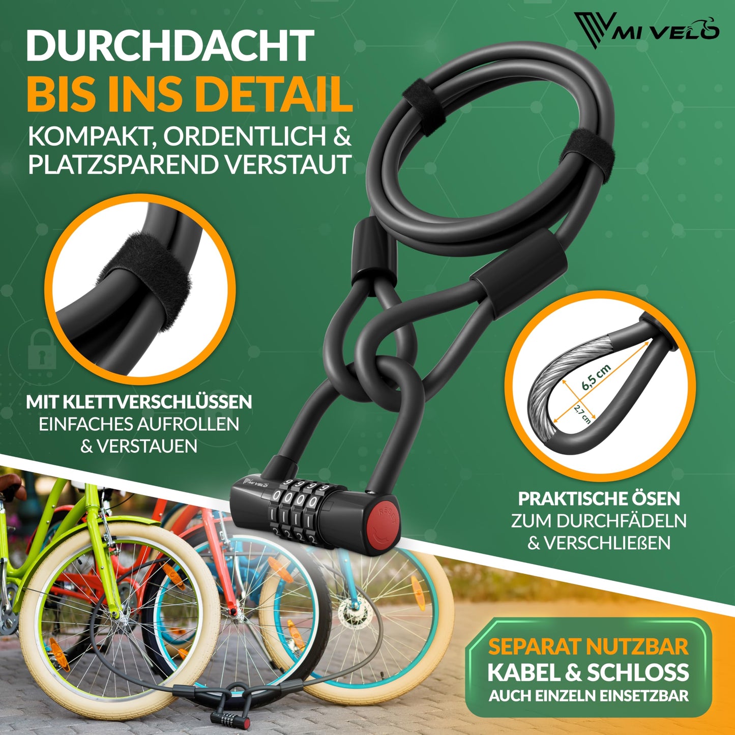 MIVELO Kabelschloss – Fahrradschloss mit Zahlencode – 200 cm langes Stahlkabel – 4-stellige Zahlenkombination