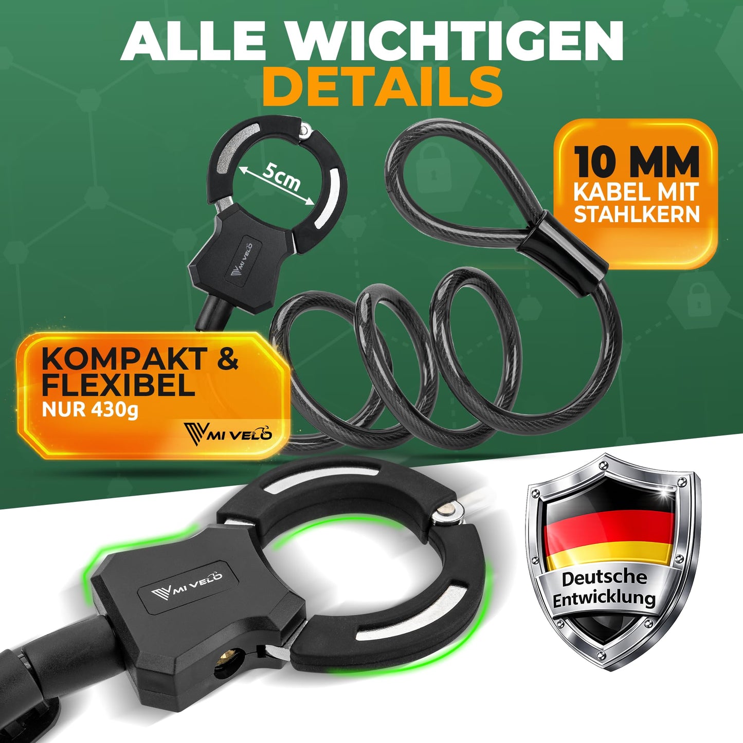 MIVELO E-Scooter-Schloss – Kabel-Handfessel, 120 cm – mit Schlüssel und Halterung – Stahlkern für Scooter und Fahrrad