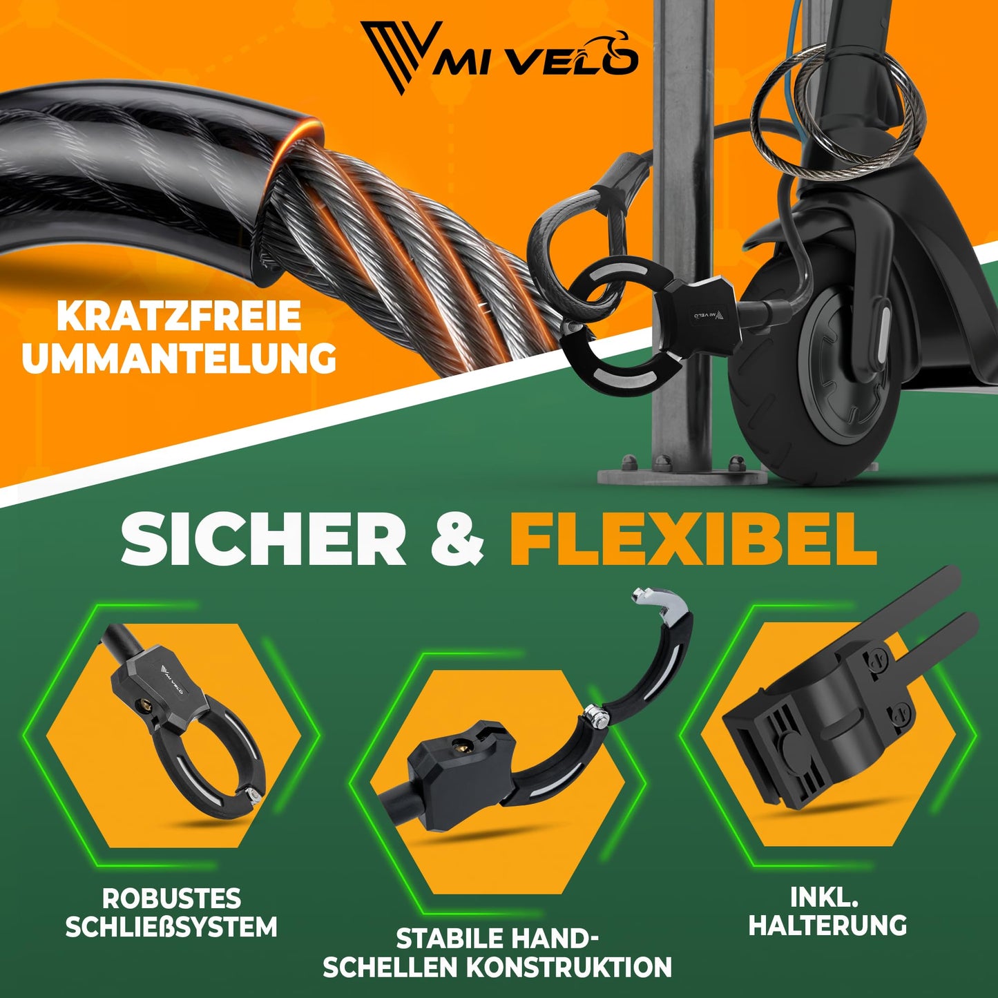 MIVELO E-Scooter-Schloss – Kabel-Handfessel, 120 cm – mit Schlüssel und Halterung – Stahlkern für Scooter und Fahrrad