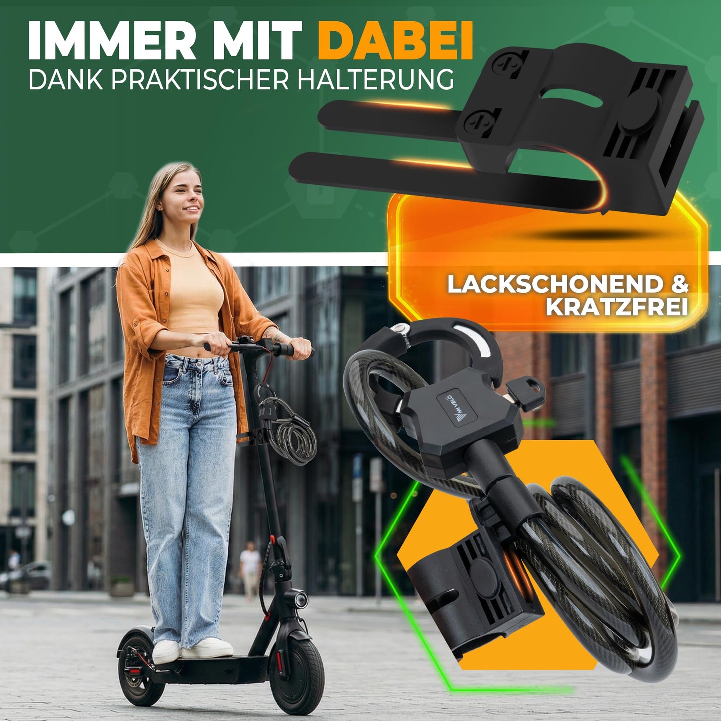 MIVELO E-Scooter-Schloss – Kabel-Handfessel, 120 cm – mit Schlüssel und Halterung – Stahlkern für Scooter und Fahrrad