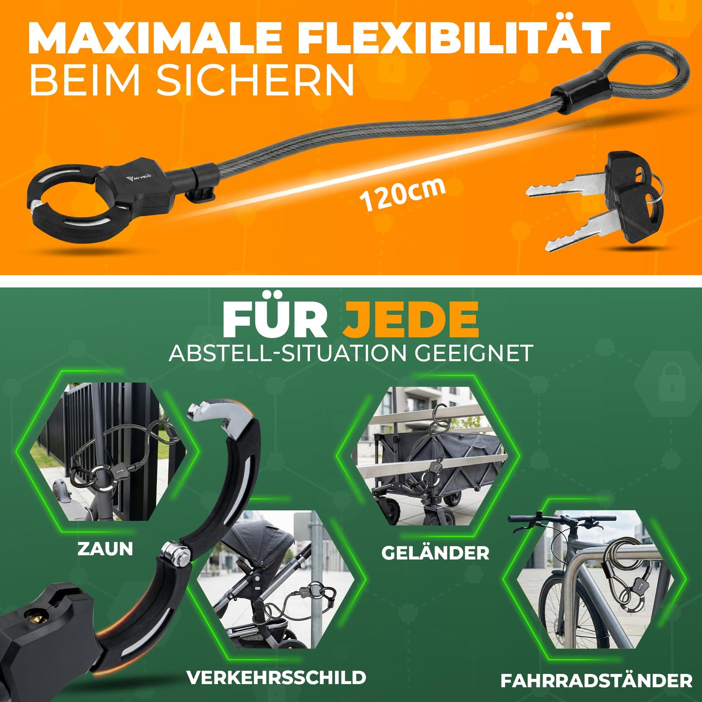 MIVELO E-Scooter-Schloss – Kabel-Handfessel, 120 cm – mit Schlüssel und Halterung – Stahlkern für Scooter und Fahrrad