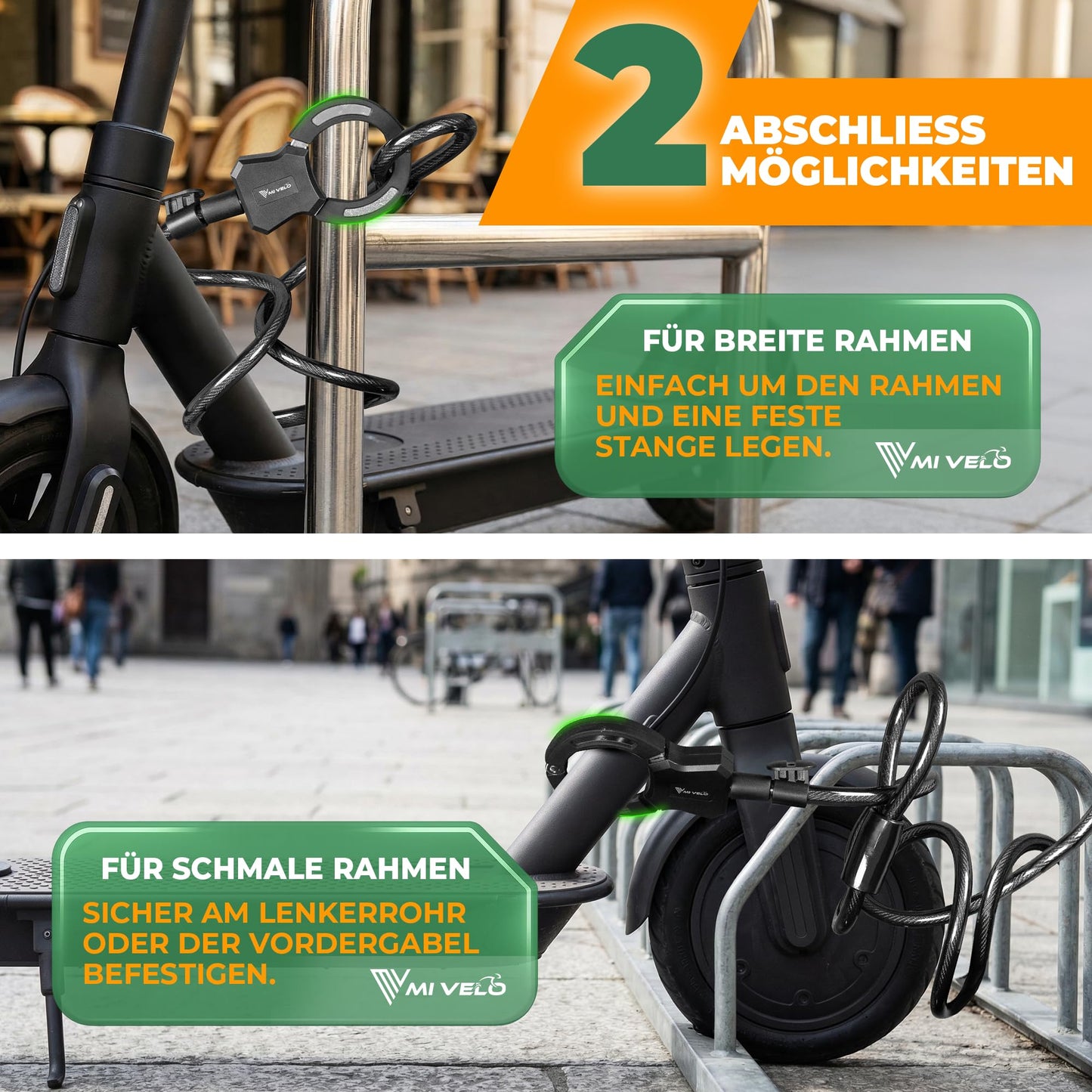 MIVELO E-Scooter-Schloss – Kabel-Handfessel, 120 cm – mit Schlüssel und Halterung – Stahlkern für Scooter und Fahrrad