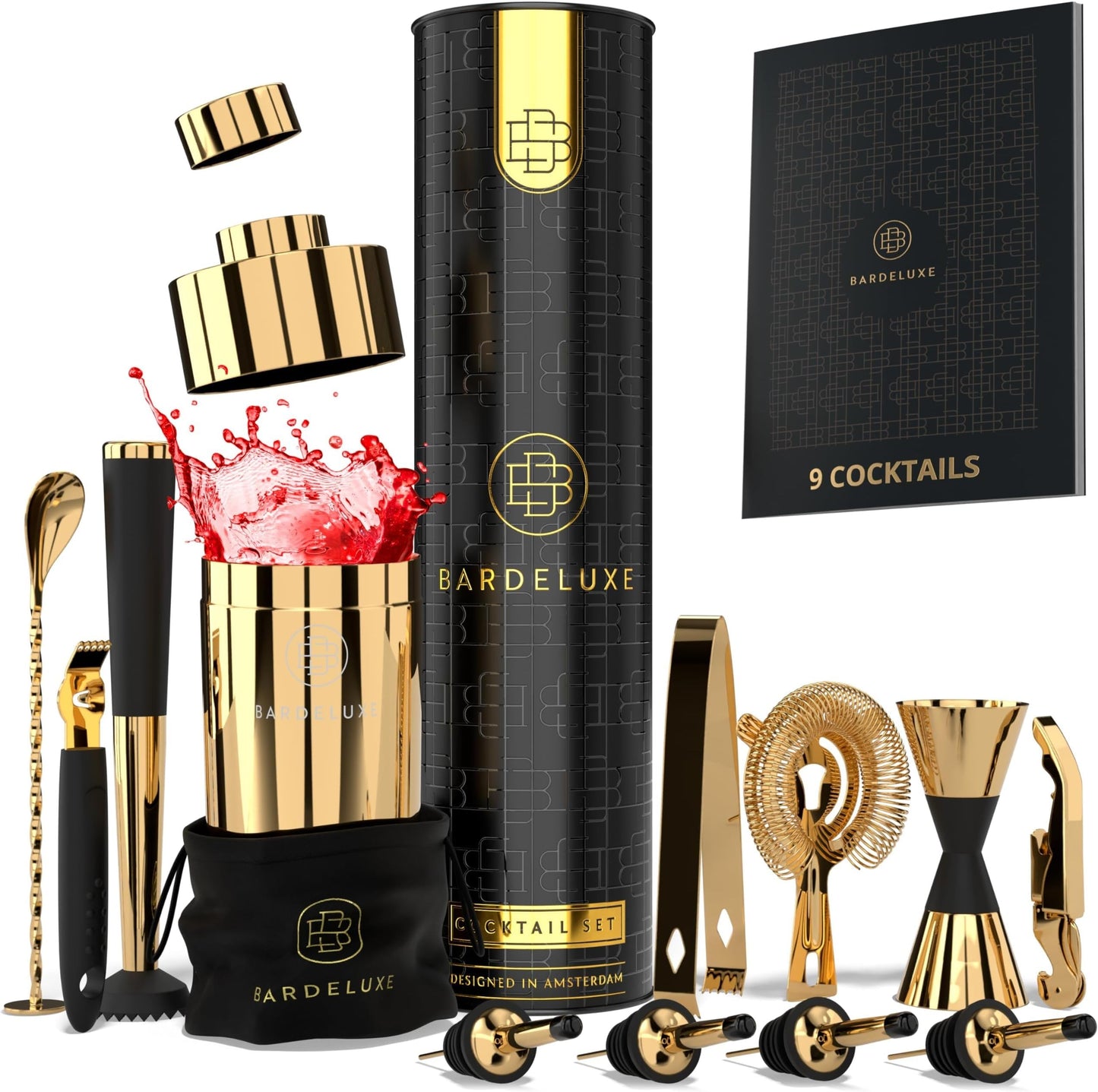 BarDeluxe® Cocktail-Set – 12-teiliges Barkeeper-Set mit 750-ml-Edelstahl-Shaker – goldfarben – inkl. Rezeptheft und Aufbewahrungstasche