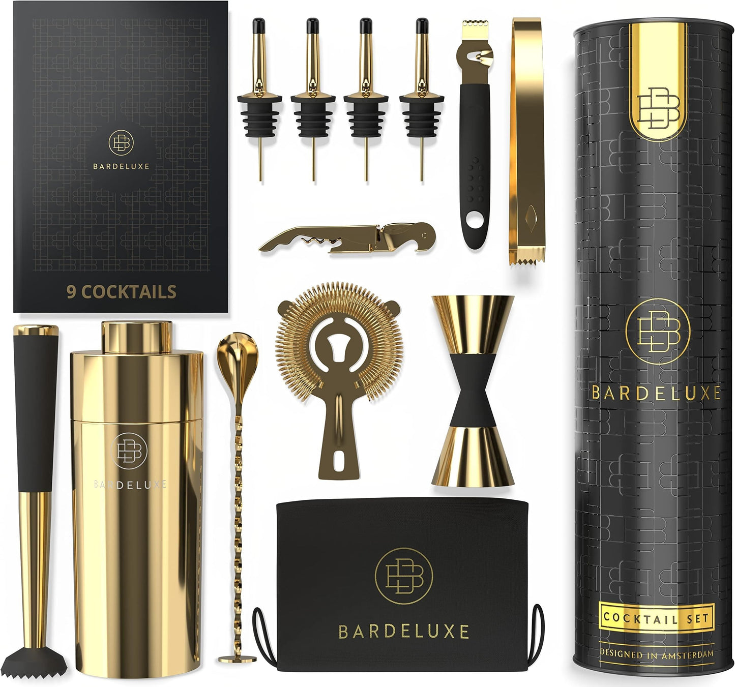 BarDeluxe® Cocktail-Set – 12-teiliges Barkeeper-Set mit 750-ml-Edelstahl-Shaker – goldfarben – inkl. Rezeptheft und Aufbewahrungstasche