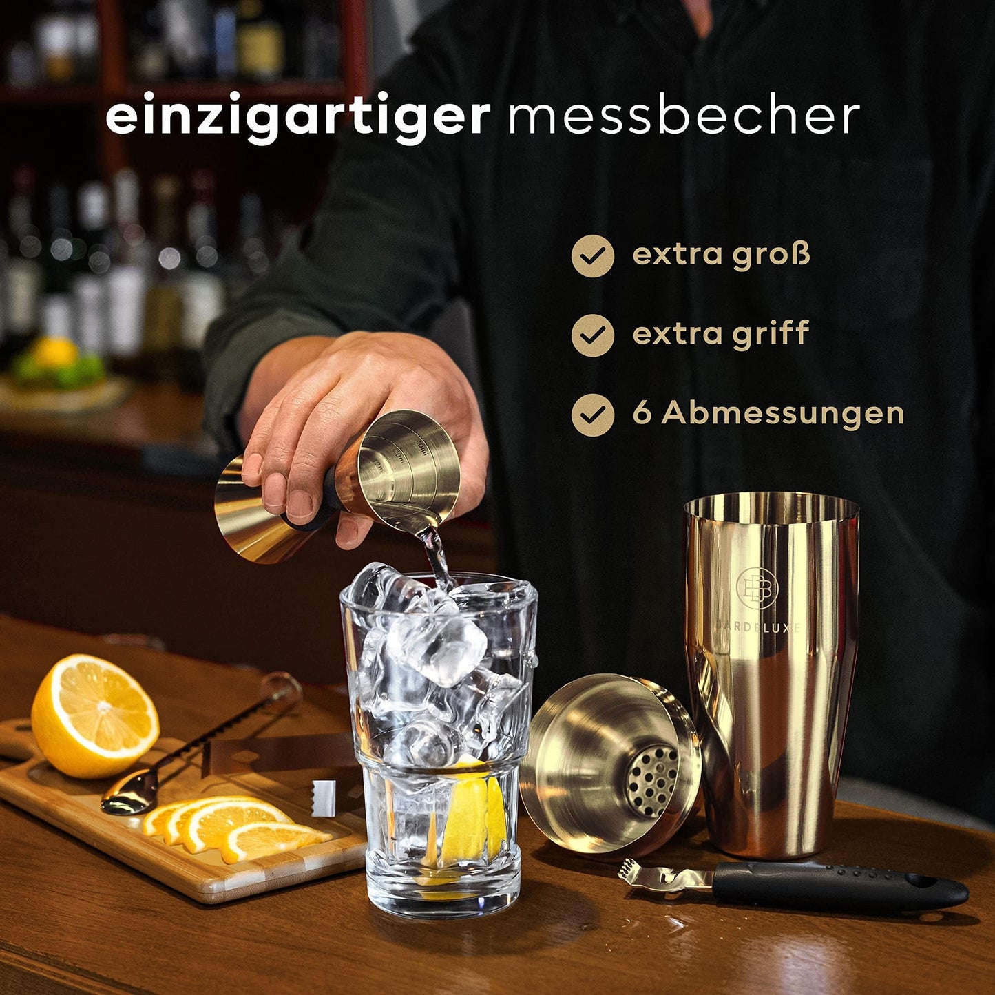 BarDeluxe® Cocktail-Set – 12-teiliges Barkeeper-Set mit 750-ml-Edelstahl-Shaker – goldfarben – inkl. Rezeptheft und Aufbewahrungstasche