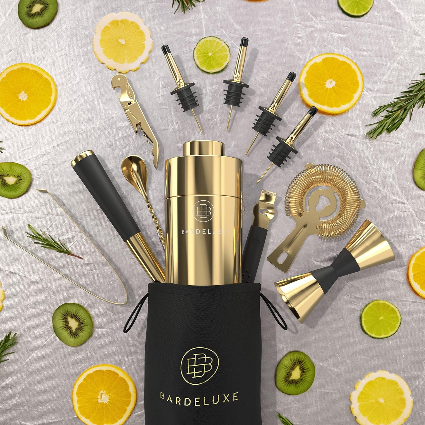 BarDeluxe® Cocktail-Set – 12-teiliges Barkeeper-Set mit 750-ml-Edelstahl-Shaker – goldfarben – inkl. Rezeptheft und Aufbewahrungstasche