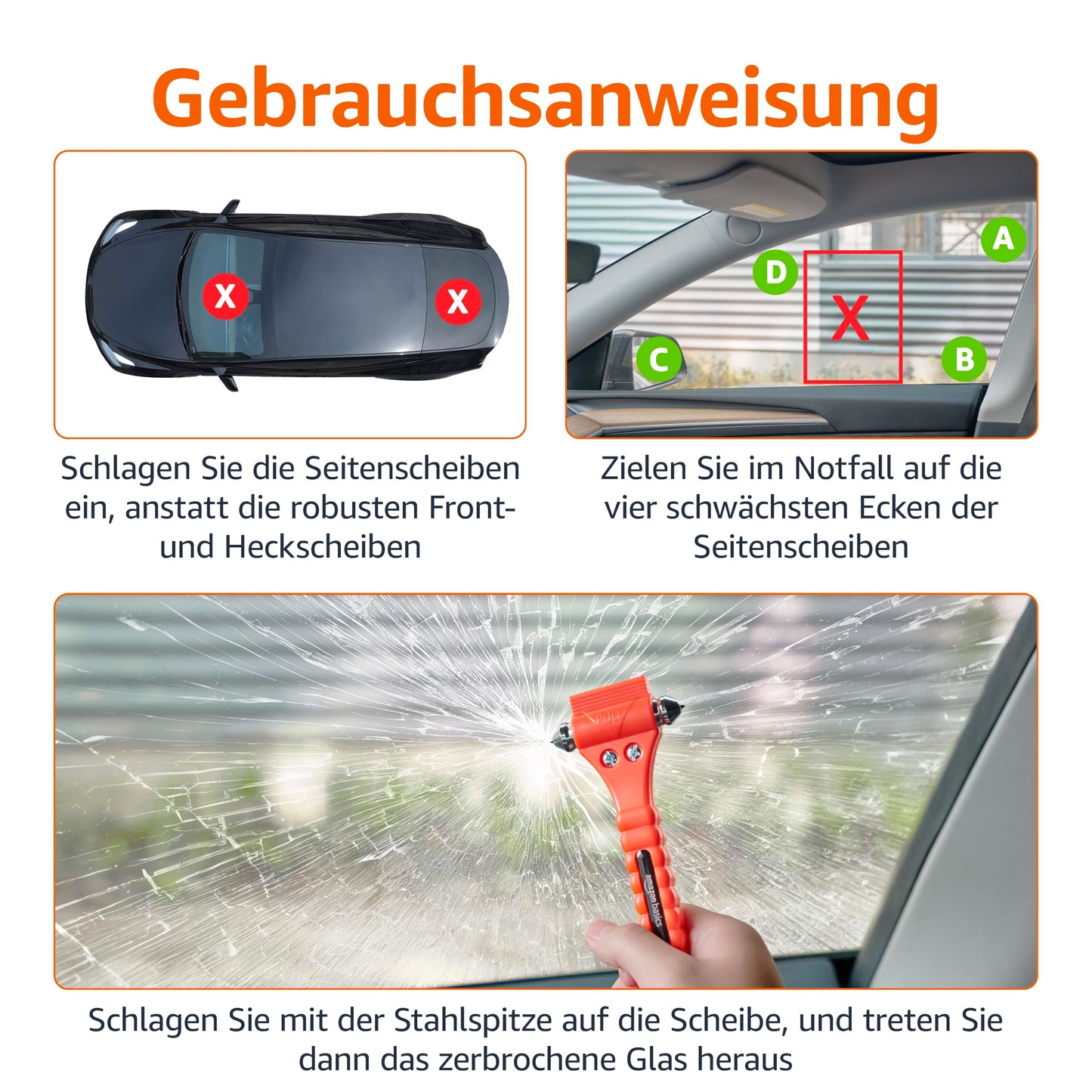 Amazon Basics Nothammer – Gurtschneider – Schutzhülle – 2 Stück – Orange