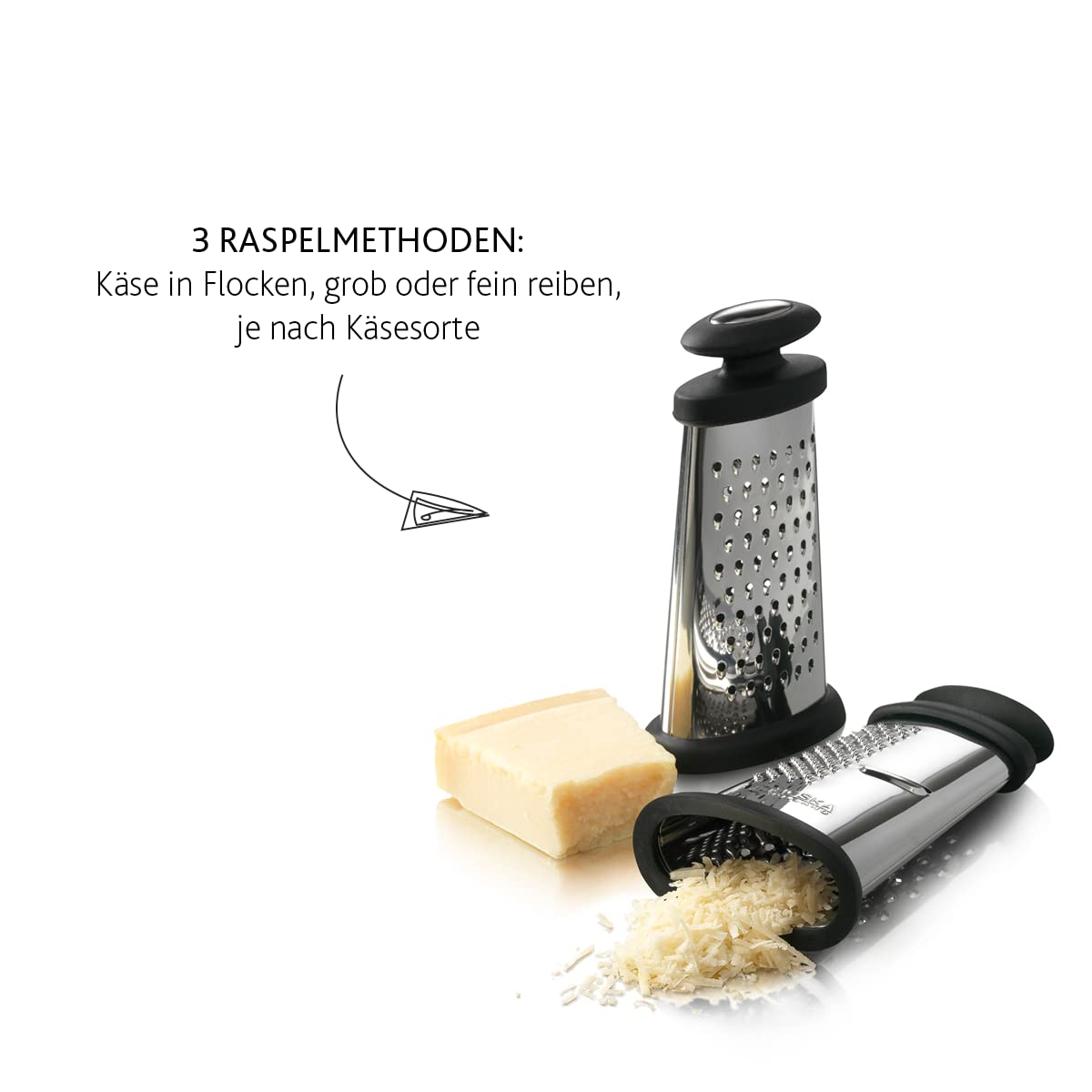 Boska Käsereibe – TrioFormaggio – Edelstahl – Kunststoff – 3 Reibflächen – Schwarz-Silber