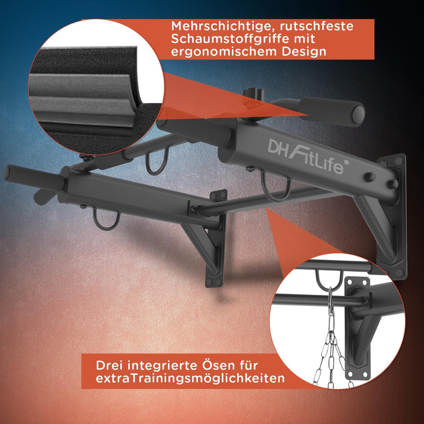 DH FitLife Klimmzugstange – 4-in-1 – Wandmontage – 200 kg – 100 x 26 cm – Schwarz
