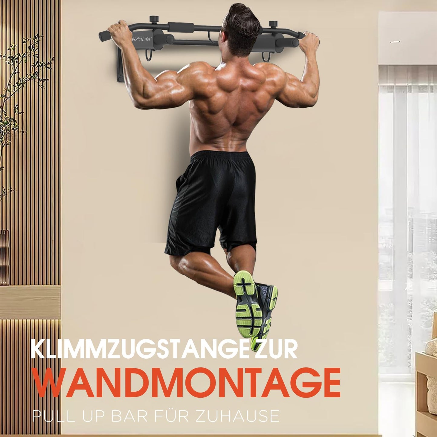 DH FitLife Klimmzugstange – 4-in-1 – Wandmontage – 200 kg – 100 x 26 cm – Schwarz