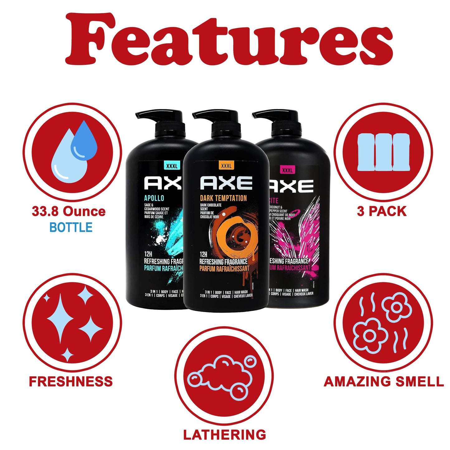 Axe Duschgel – Herren – 3-in-1 – XXXL – Pumpflasche – 3 Stück – Schwarz