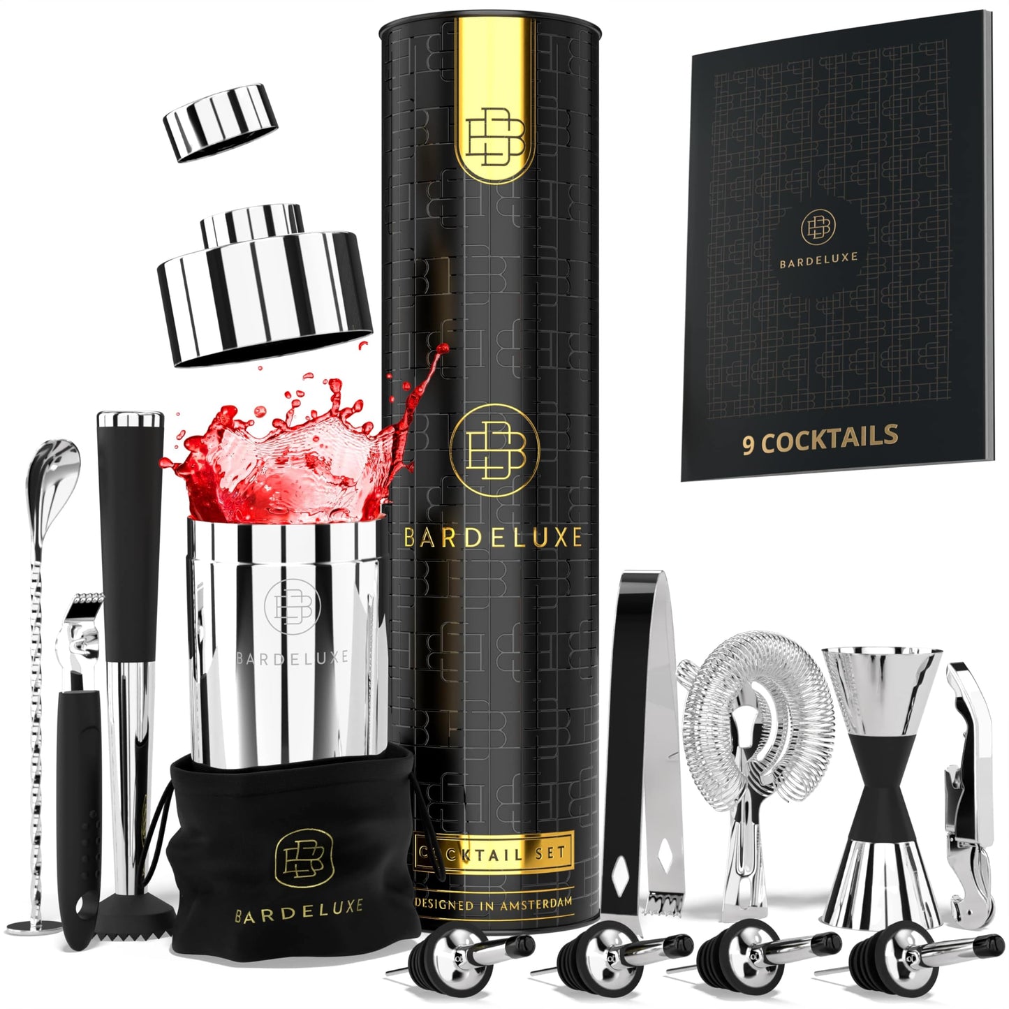 BarDeluxe Professionelles Cocktail-Set – 12-teilig – 750-ml-Shaker – Edelstahl 304 – silber