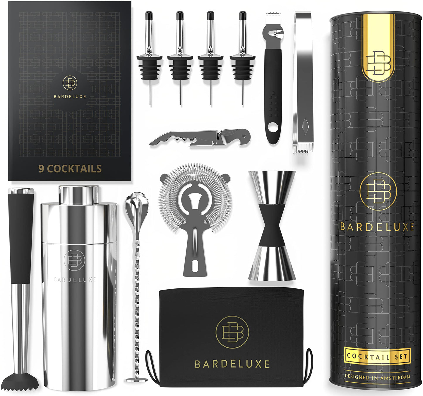 BarDeluxe Professionelles Cocktail-Set – 12-teilig – 750-ml-Shaker – Edelstahl 304 – silber