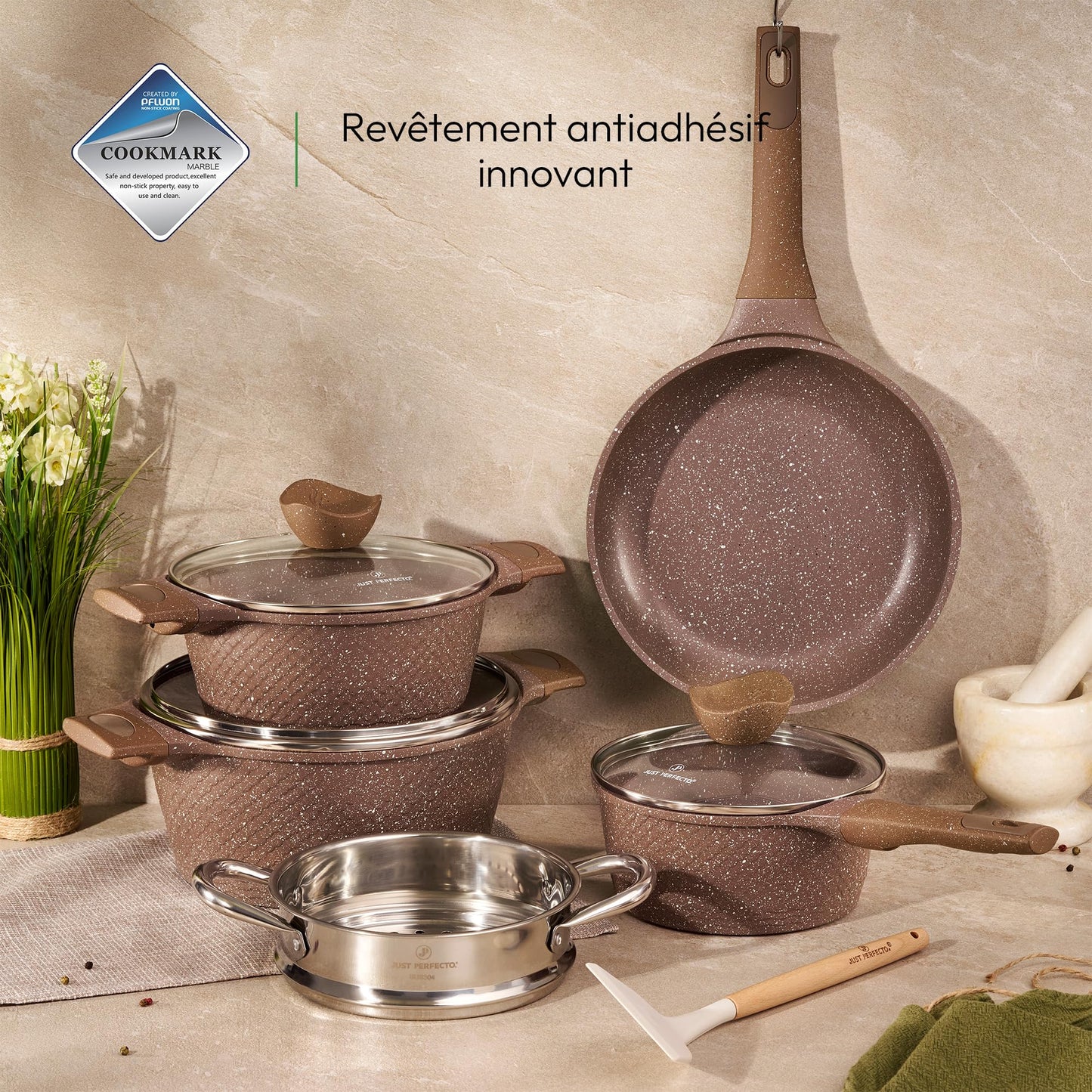 Just Perfecto Kochgeschirrset – 21-teilig – Induktion – Granit – Braun